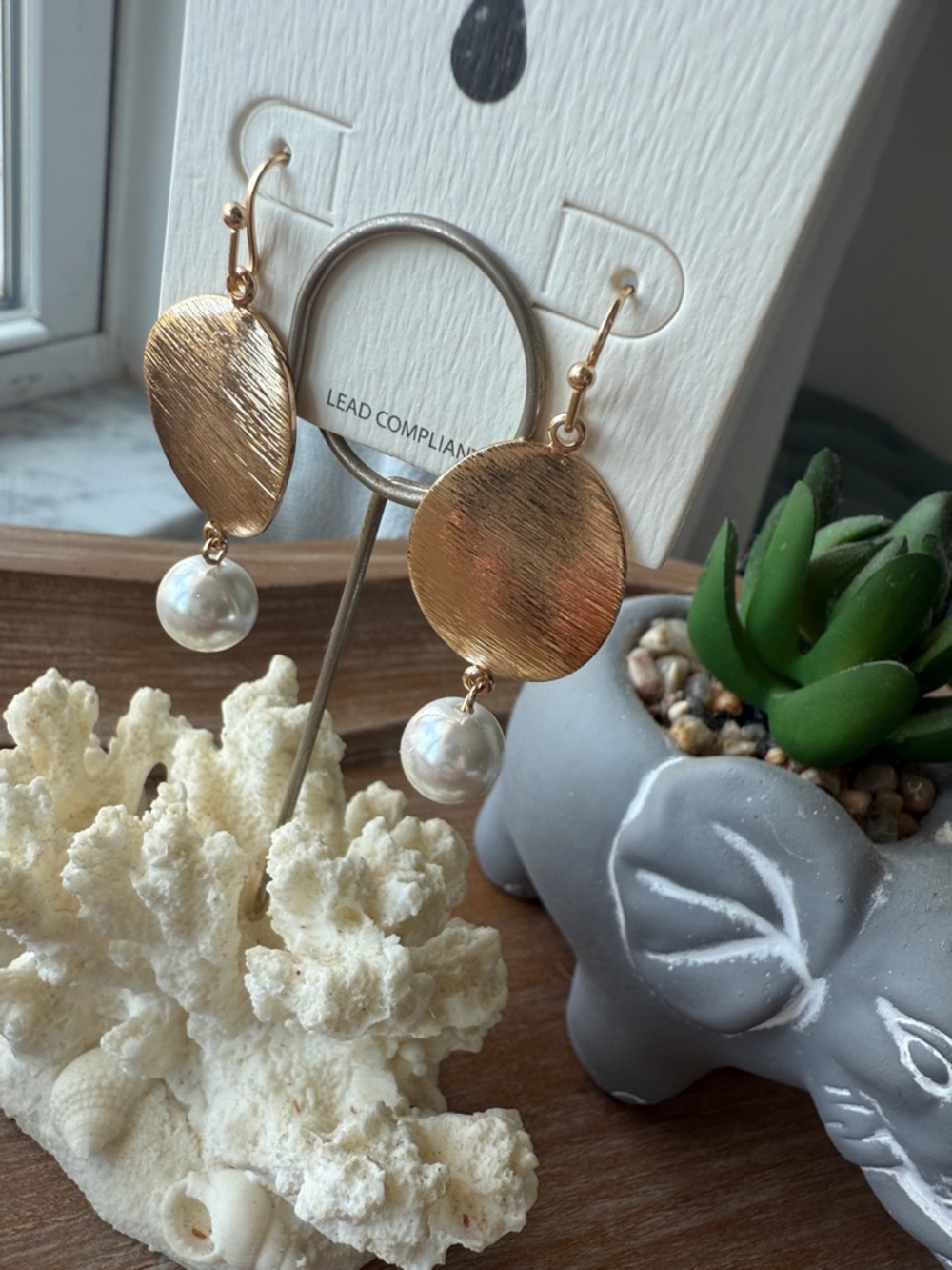 Gold Disc and Pearl Drop Earrings - Women Jewelry - Picture 9 of 12